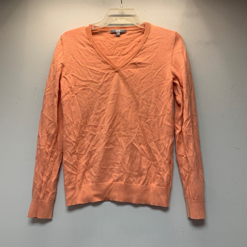 Uniqlo V-Neck Sweater Womens Small Orange Cotton Cashmere 1243-0ASA-AUB